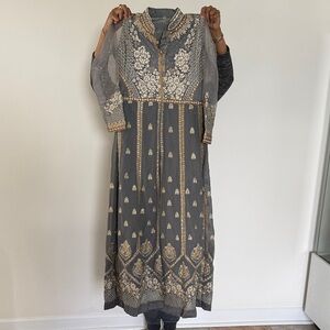 Elegant Gray and Gold Embroidered Dress